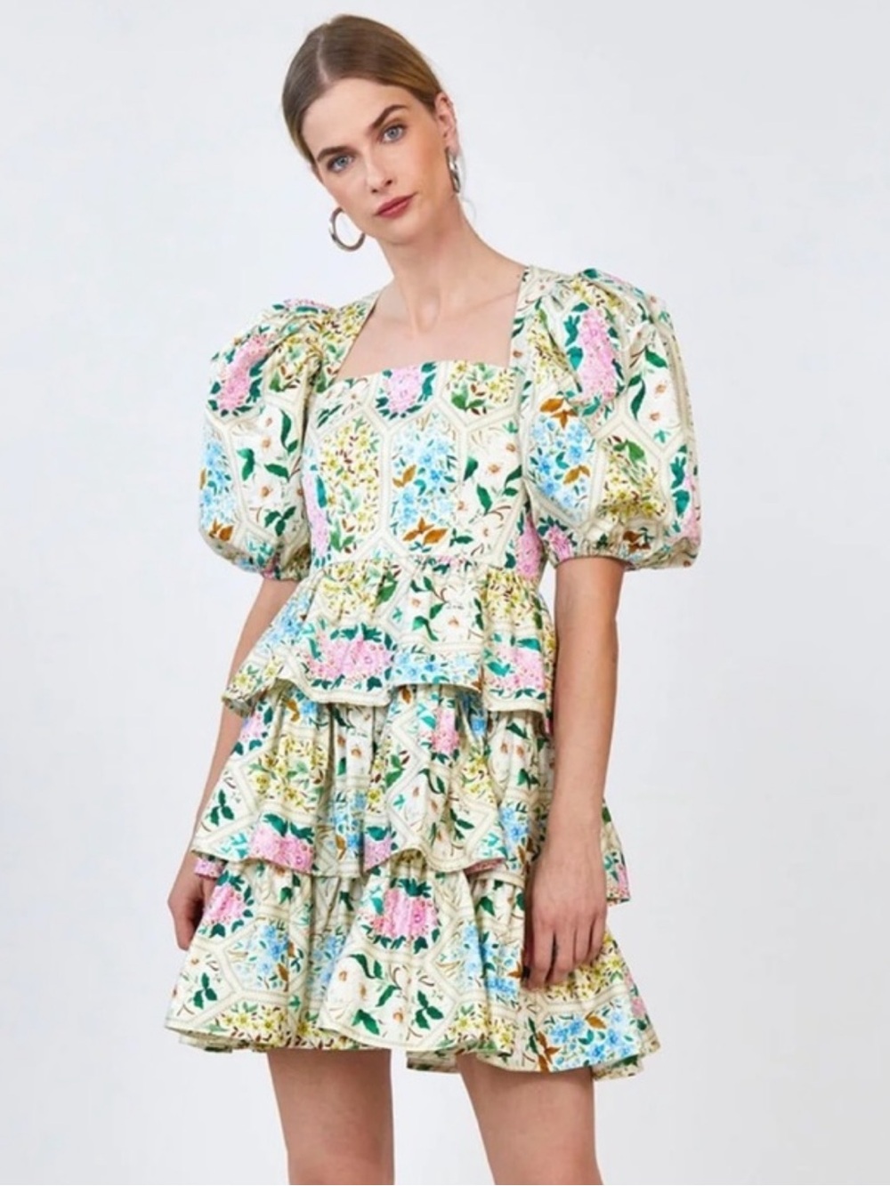 NWT HUNTER BELL Cream Floral Tiered Puff-Sleeve Dress with Pink & Blue Flowers